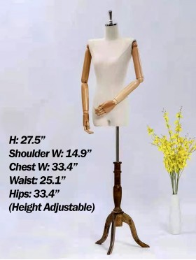 Silver Stainless Top & Wooden Base Mannequin Bust Display (Adjustable)